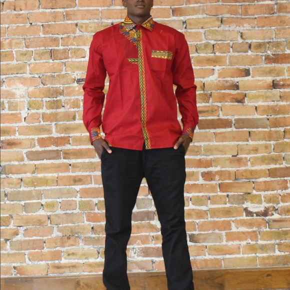 Red Long Sleeve Button Front Dashiki Shirt - Picture 2 of 5